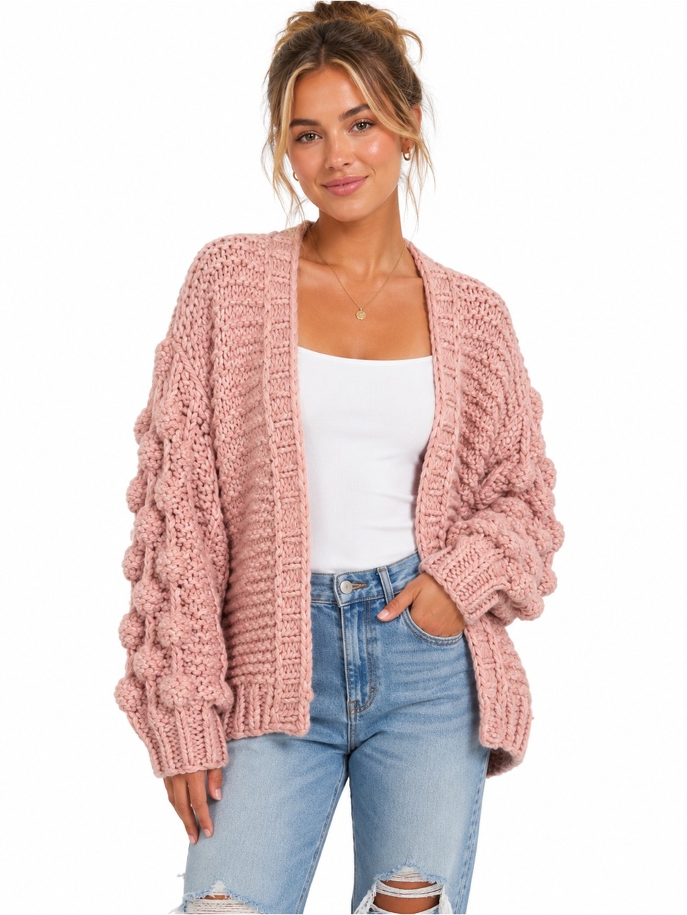 NWOT Handmade Wool Blend Chunky Bubble Sleeve Cardigan Blush Pink One Size boho